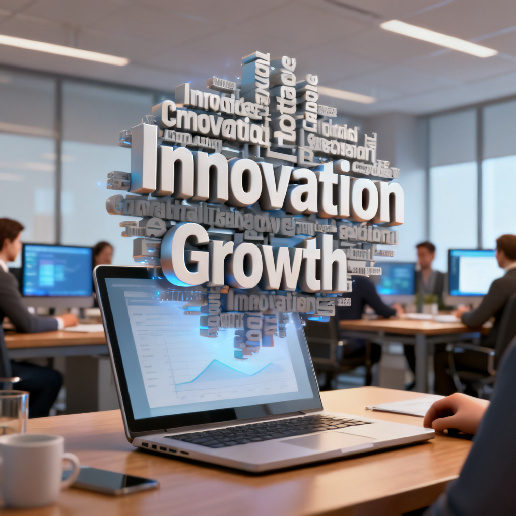 A 3D word cloud with realistic shading and depth, displayed on a laptop screen during a business meeting, keywords like "Innovation" and "Growth" floating in mid-air, professional office background, soft natural lighting, 4k detail