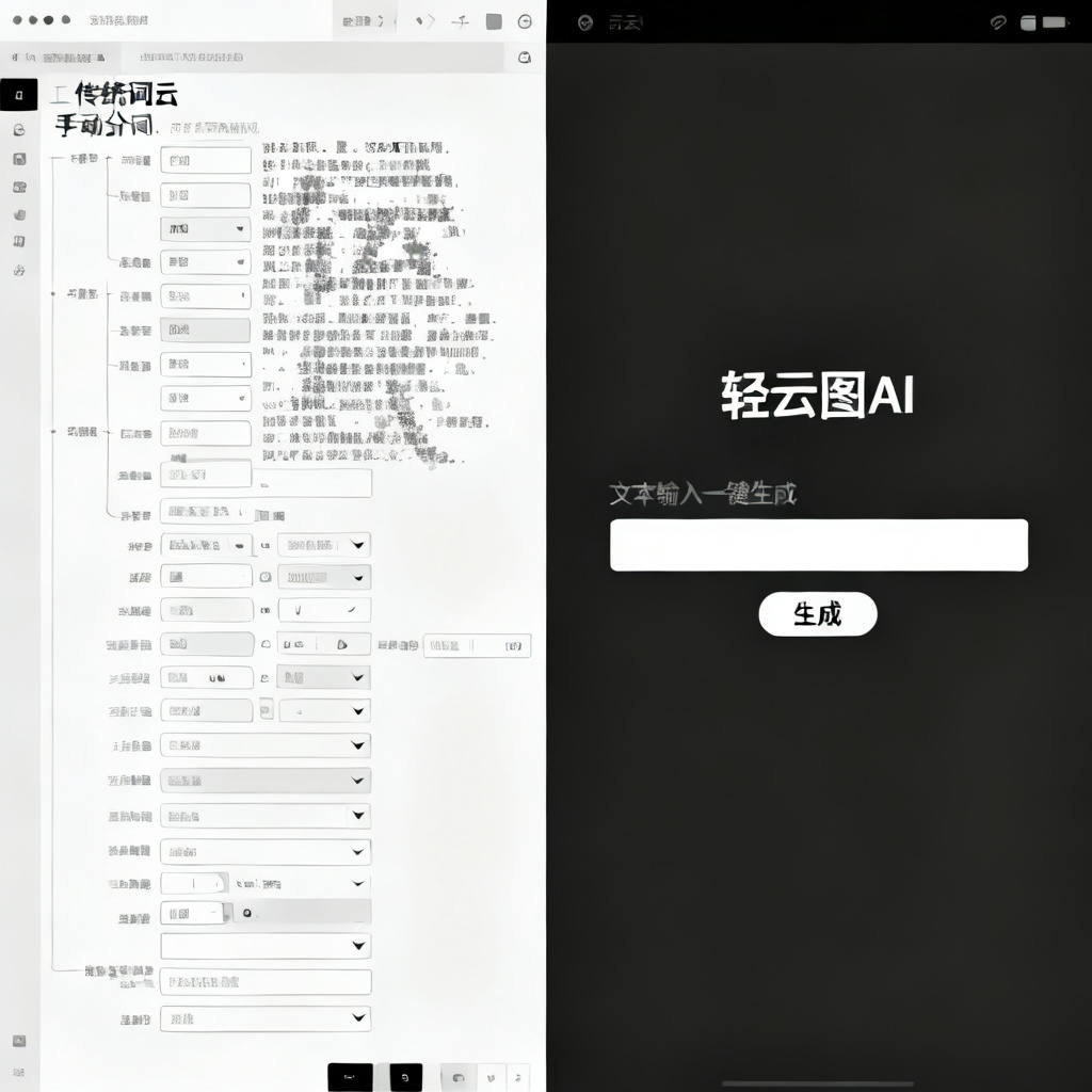 一张对比图，左侧为传统词云工具的手动分词界面，布满复杂参数和输入框，右侧为轻云图的AI一键生成界面，仅有一个文本输入框和一个“生成”按钮，风格极简现代