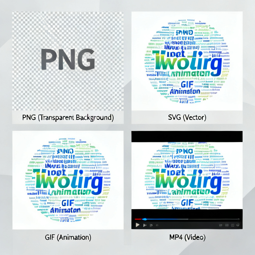 A collage showing different output formats: PNG with transparent background, SVG vector, GIF animation, and MP4 video, all derived from the same word cloud design.