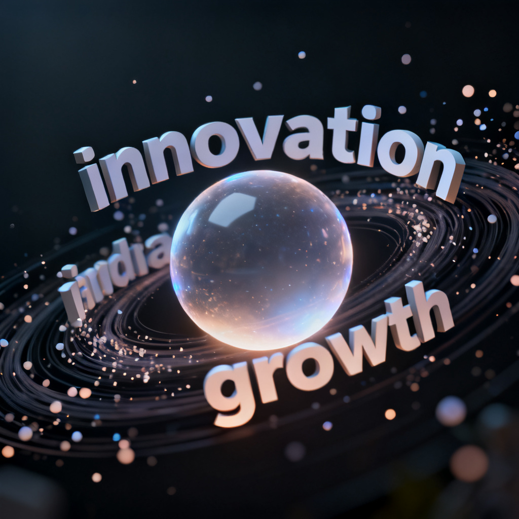 A 3D word cloud with keywords like "innovation" and "growth" rotating around a glowing sphere, with particles and smooth animation effects, shown in a dark background.