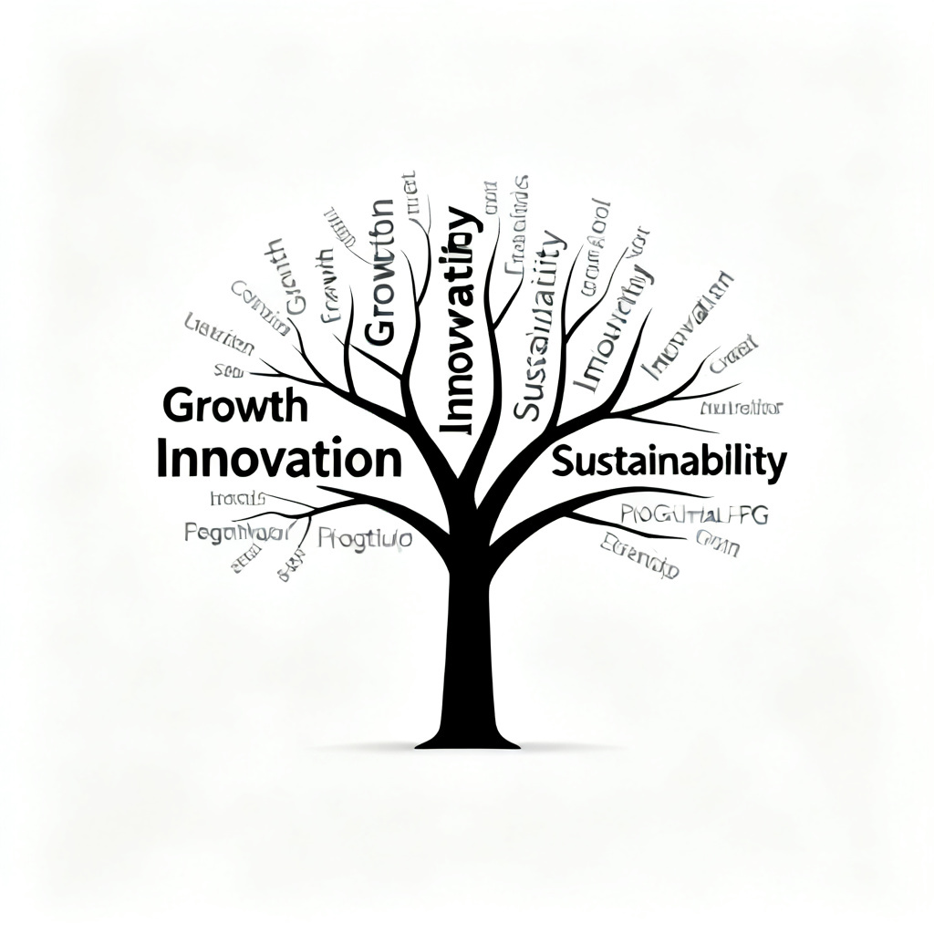 A high-resolution PNG word cloud in the shape of a tree, with keywords like "Growth", "Innovation", "Sustainability" arranged along branches, displayed on a minimalist white background