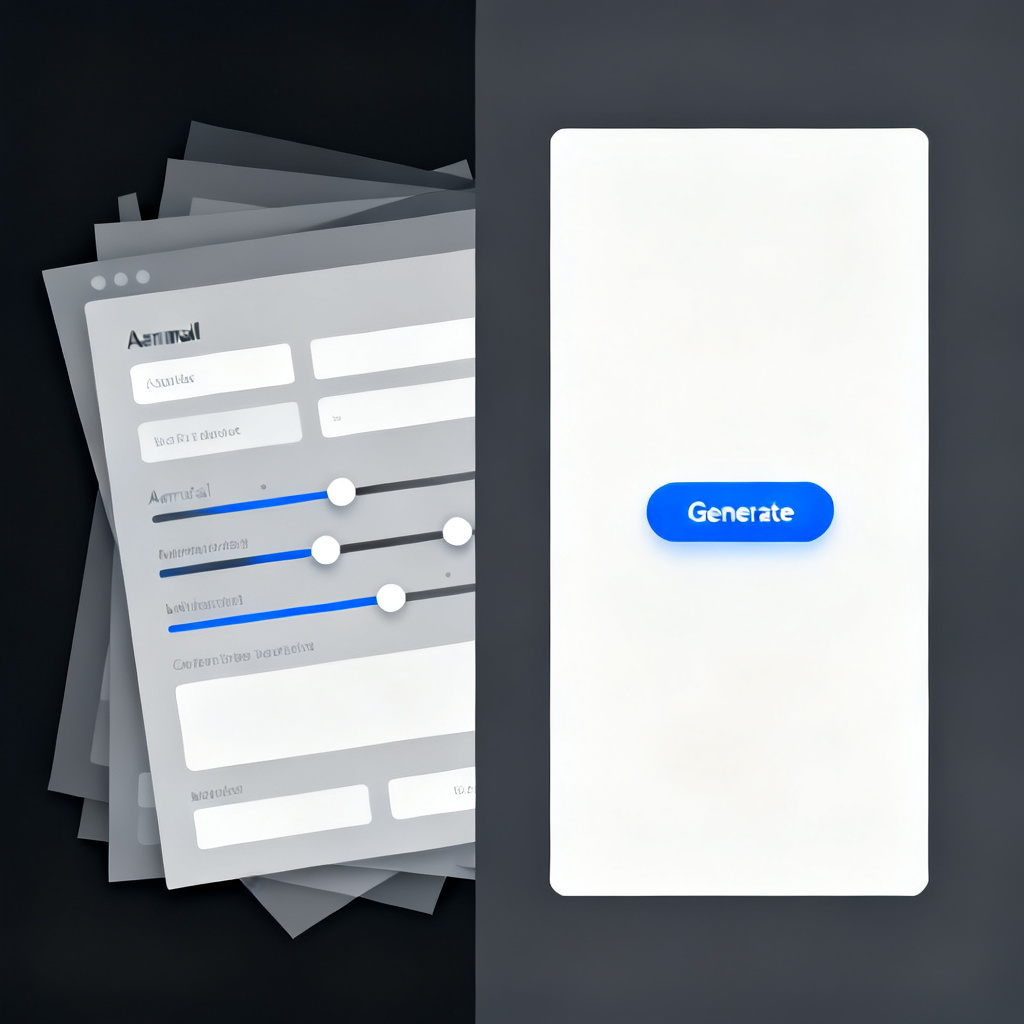 A split-screen comparison: left side shows a cluttered interface with manual sliders and text boxes; right side shows a single 'Generate' button with a clean, minimalist design