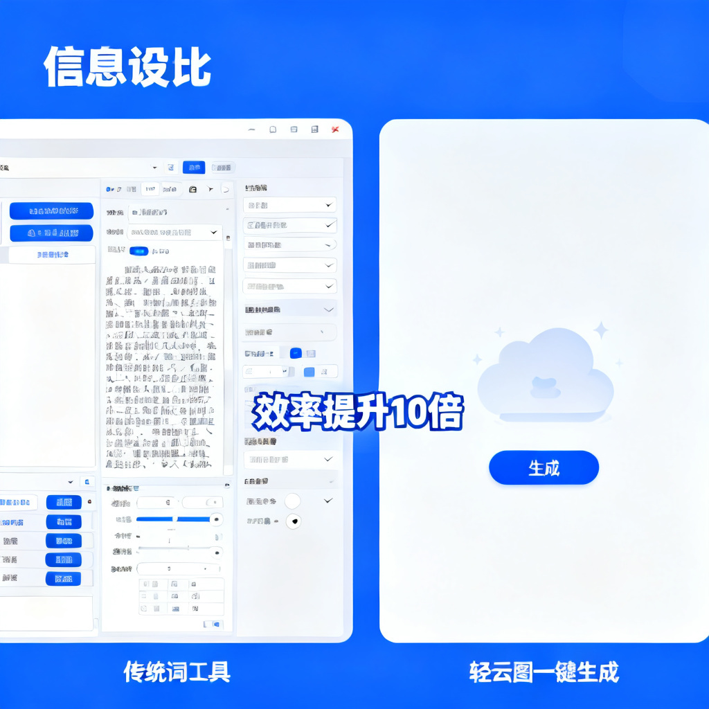 对比图：左侧传统词云工具复杂操作界面，右侧轻云图一键生成界面，标注‘效率提升10倍’
