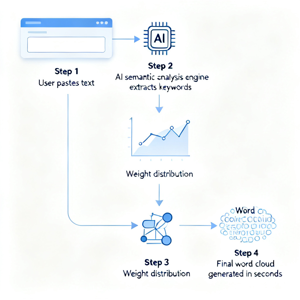 A step-by-step flowchart illustrating the AI one-click extraction process: user pastes text → AI semantic analysis engine extracts keywords → weight distribution → final word cloud generated in seconds. The interface shows minimal user input required.