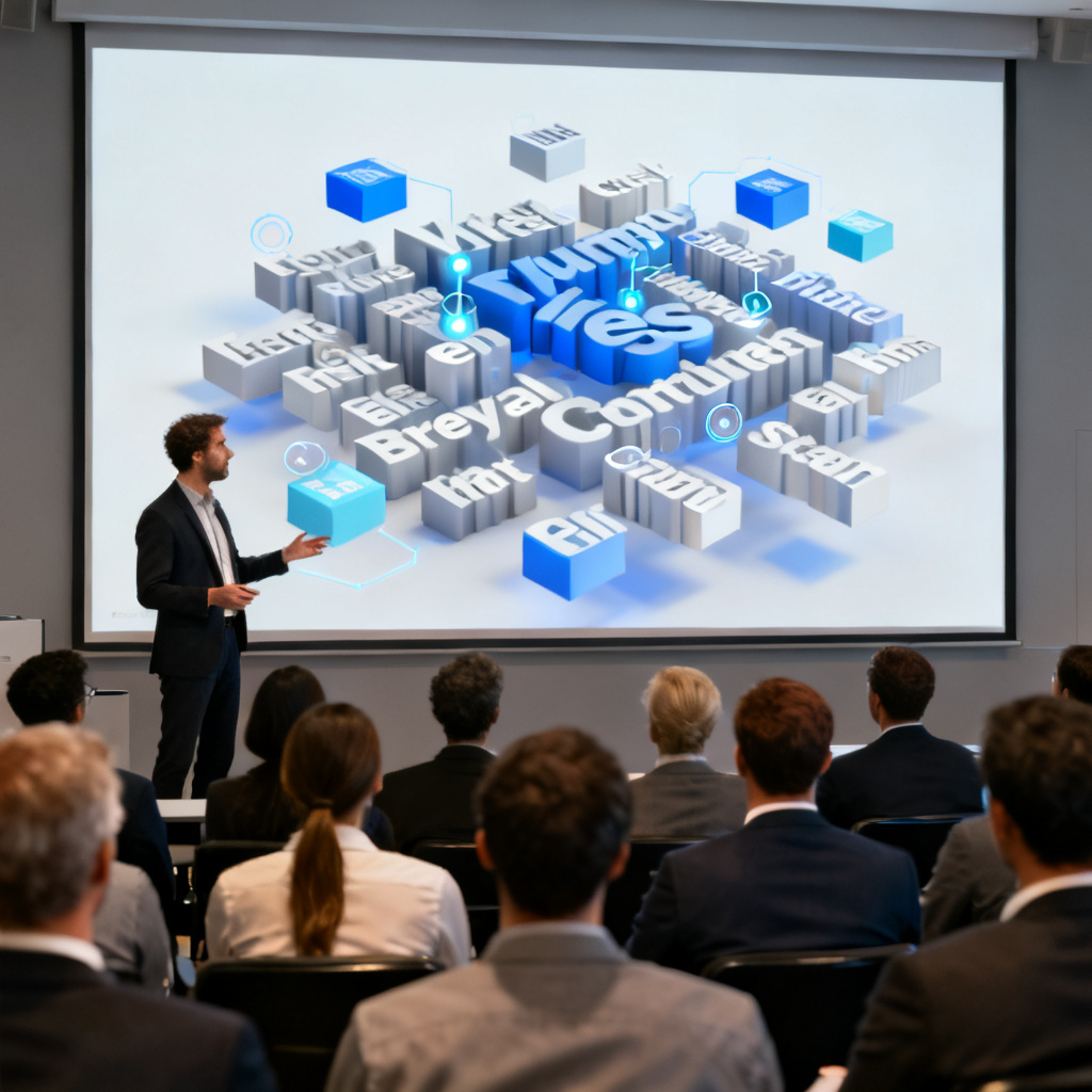 A business presentation scenario where a speaker uses a 3D word cloud model in a PowerPoint slide, with audience members looking at the interactive display.