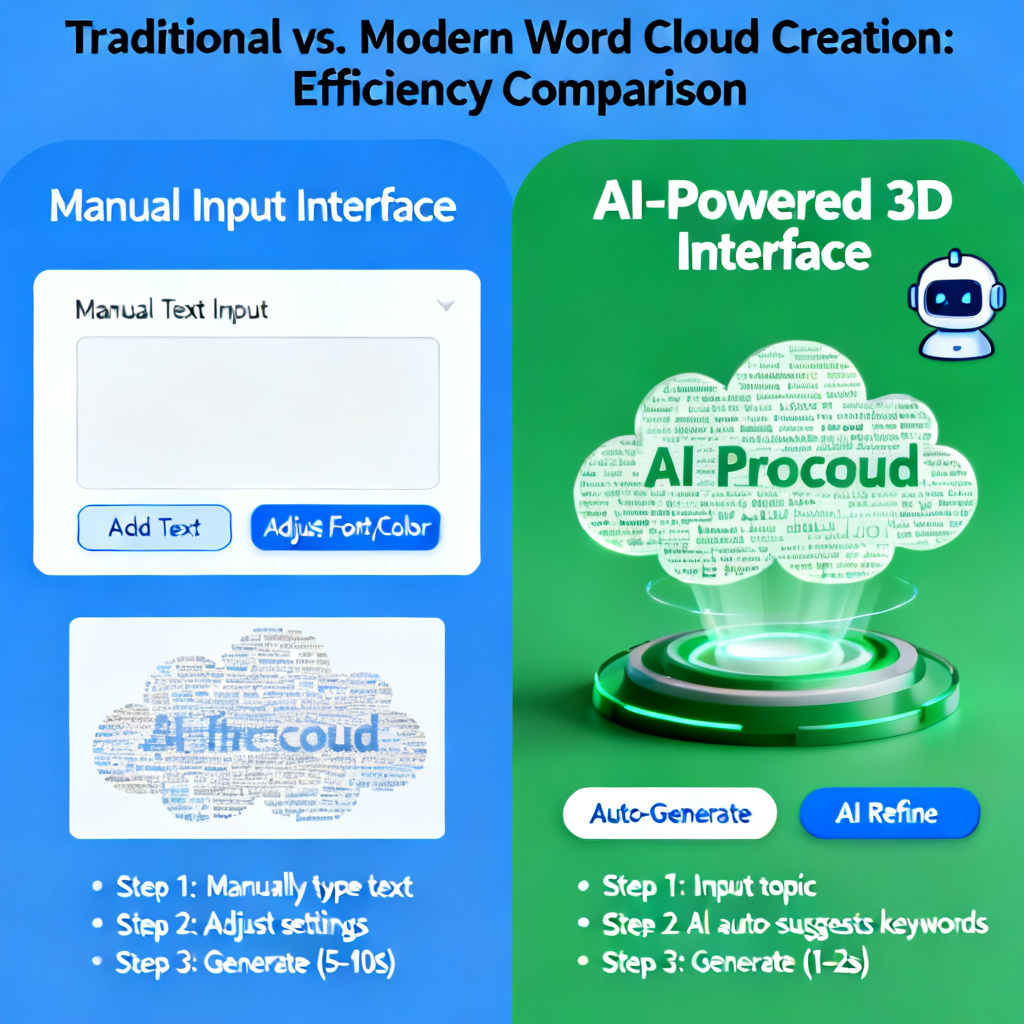 A comparison between a traditional, flat word cloud creation interface showing manual text input and a modern, AI-powered 3D word cloud interface, highlighting the efficiency gap.