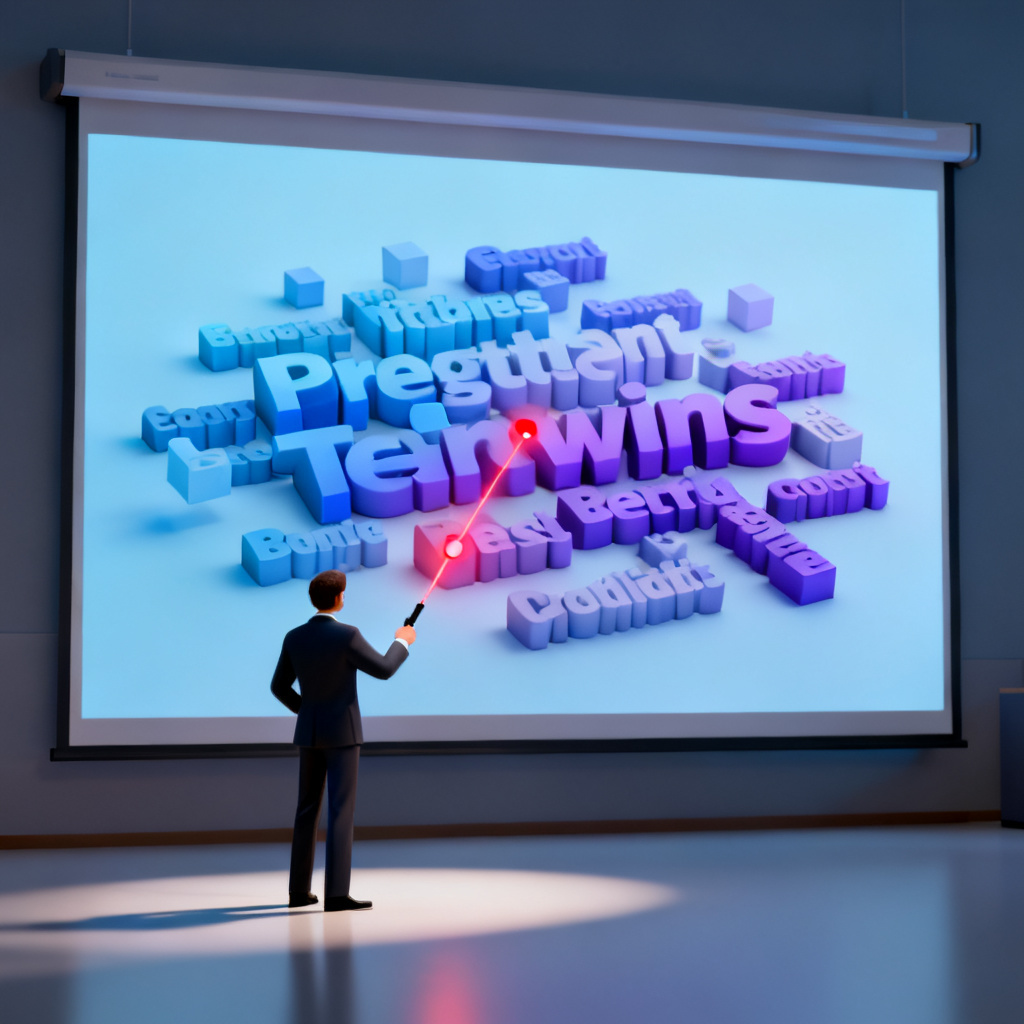 A 3D word cloud model embedded in a PowerPoint slide, with the presenter using a laser pointer to highlight a specific keyword, showing the interactive presentation scenario