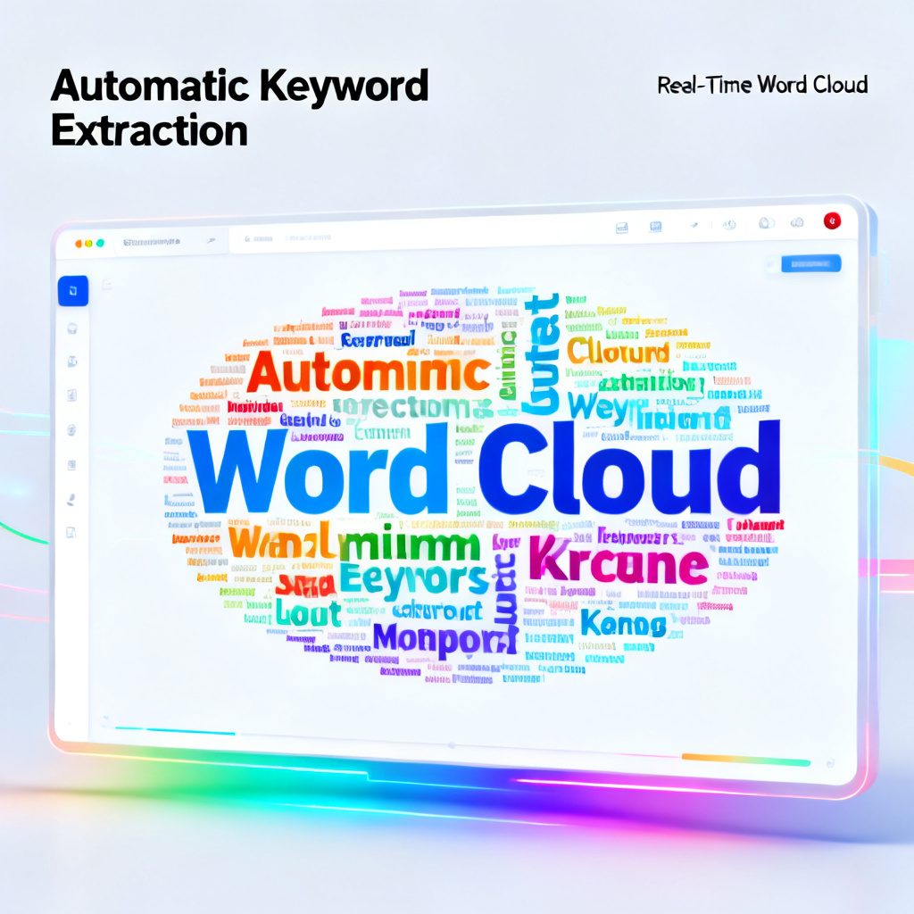A sleek, modern AI interface showing automatic keyword extraction from text, with a colorful word cloud forming in real-time.