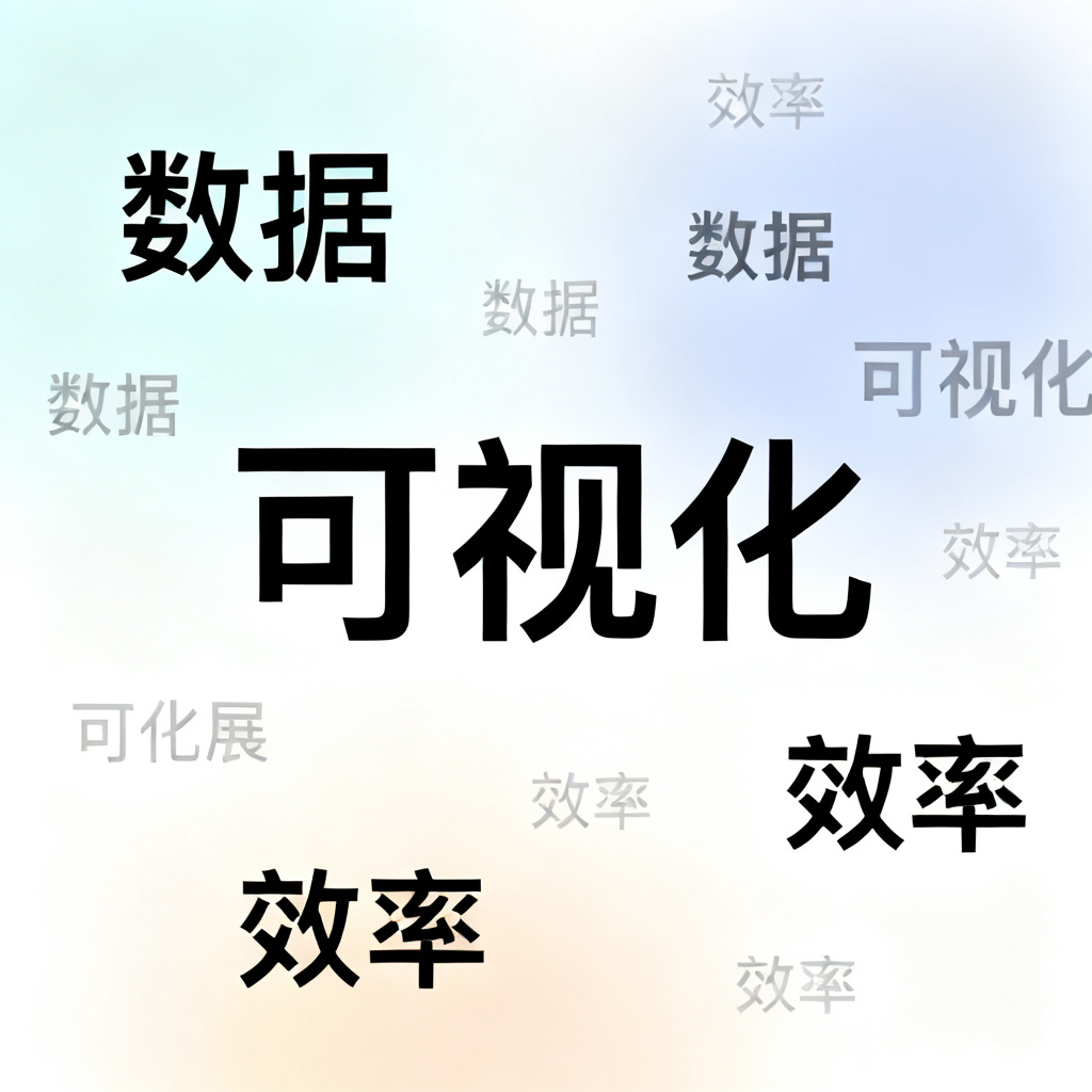 一张AI生成的文字云图像,显示从一段中文文本中自动提取出的关键词,如“数据”、“可视化”、“效率”,关键词大小根据权重排列,背景为柔和的渐变色,整体风格简约现代