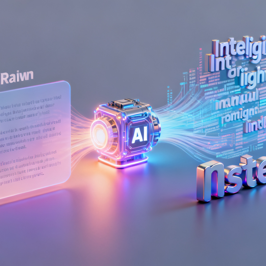 An abstract visualization of data flowing from raw text input on the left, through a glowing AI engine in the center, emerging as a polished 3D word cloud on the right, symbolizing the transformation from manual to intelligent processes