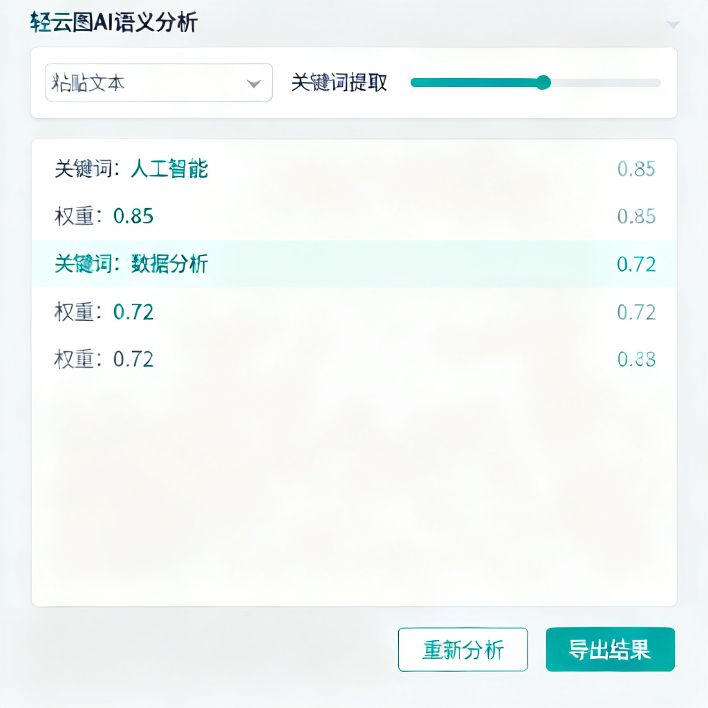 轻云图AI语义分析界面，显示粘贴文本后自动提取关键词并分配权重的过程，极简操作面板
