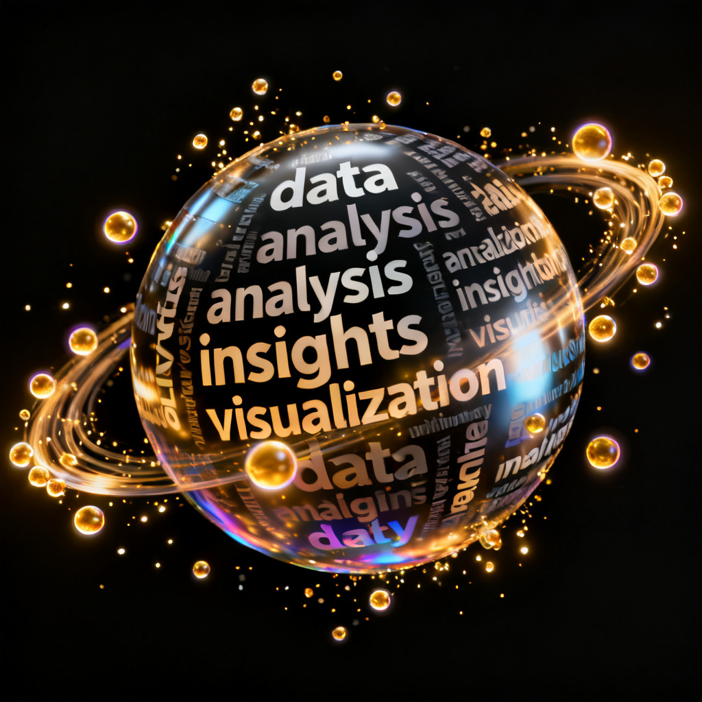 A dynamic GIF showing a word cloud morphing from a flat 2D shape into a rotating 3D sphere with glowing particles.