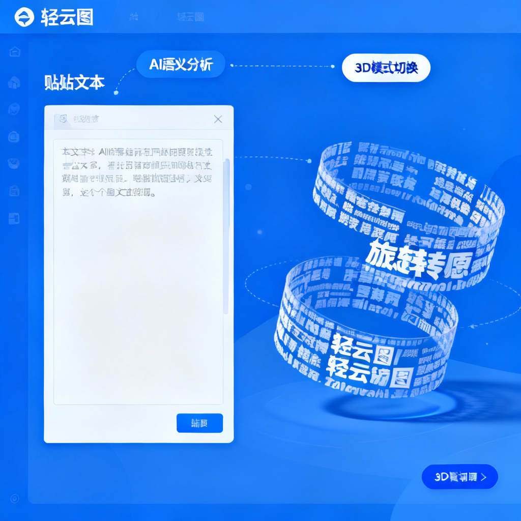 轻云图AI操作界面，左侧粘贴文本区域，右侧实时显示3D旋转词云，界面简洁现代，蓝色主色调，标注“AI语义分析”和“3D模式切换”按钮