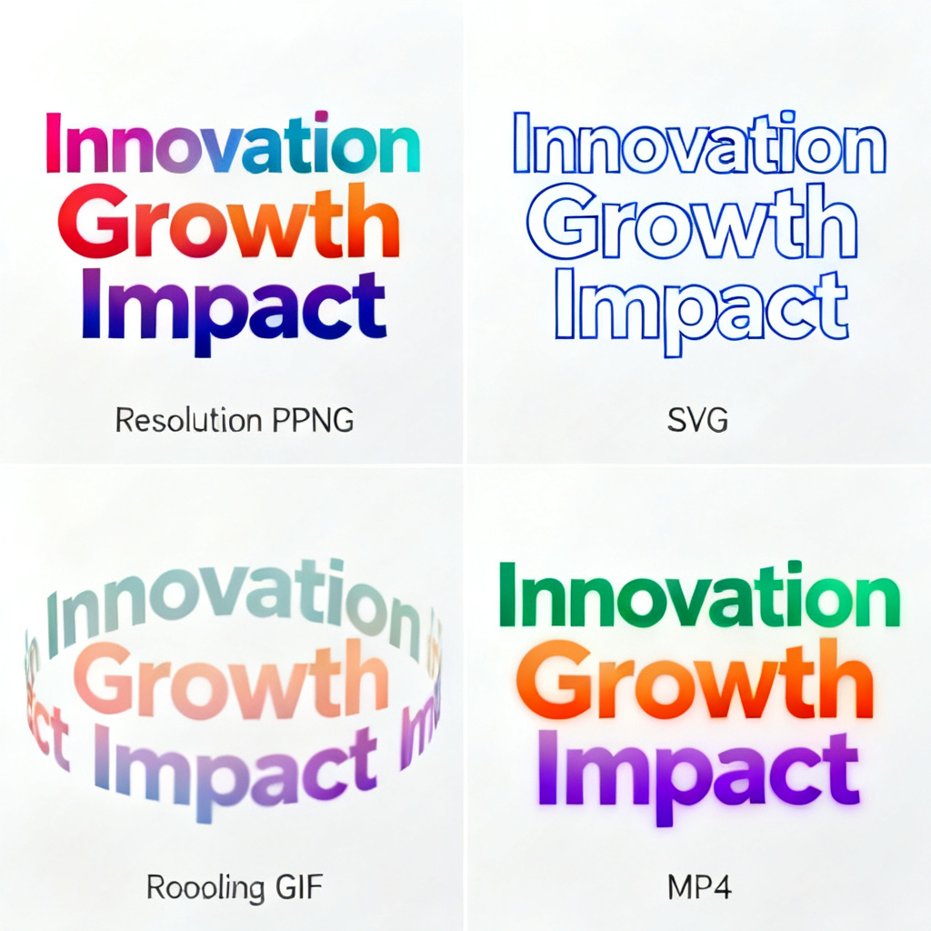 A split-screen showing four output formats: a high-resolution PNG word cloud with vibrant colors, a transparent SVG with clean edges, a looping GIF with subtle animation, and an MP4 video with smooth transitions. The words include 'Innovation', 'Growth', 'Impact'.