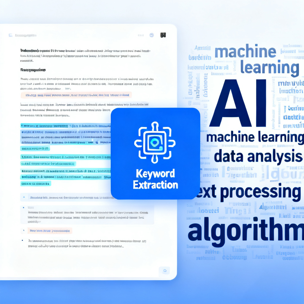 A screenshot showing AI automatic keyword extraction from a text document, with key terms highlighted in a word cloud layout