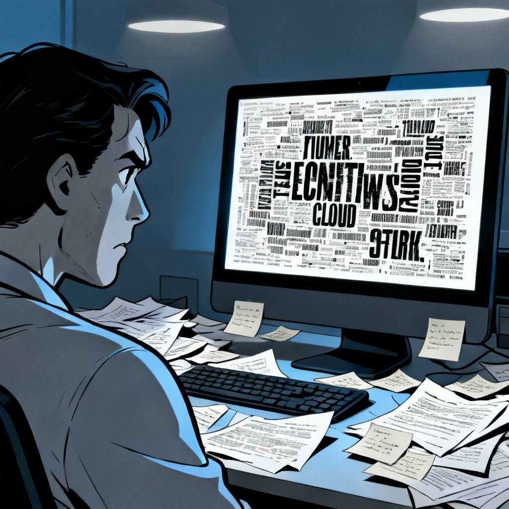 A frustrated office worker staring at a cluttered, black-and-white word cloud on a computer screen, surrounded by messy papers and sticky notes, representing traditional word cloud tools