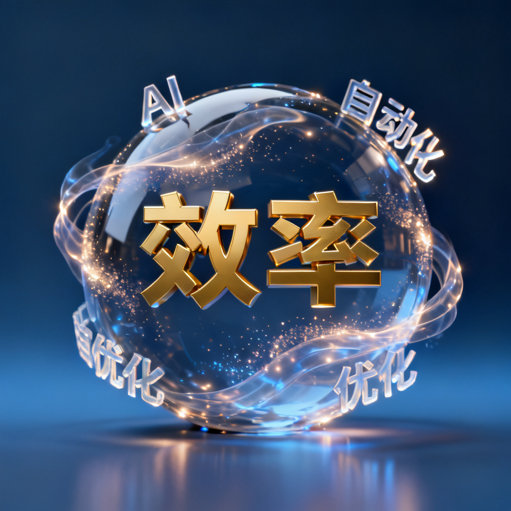 一个3D文字云，核心词‘效率’以金色字体突出，悬浮于深蓝色渐变背景之上，边缘词汇‘AI’‘自动化’‘优化’以半透明形式环绕，整体呈现球体立体结构，表面有发光粒子流动