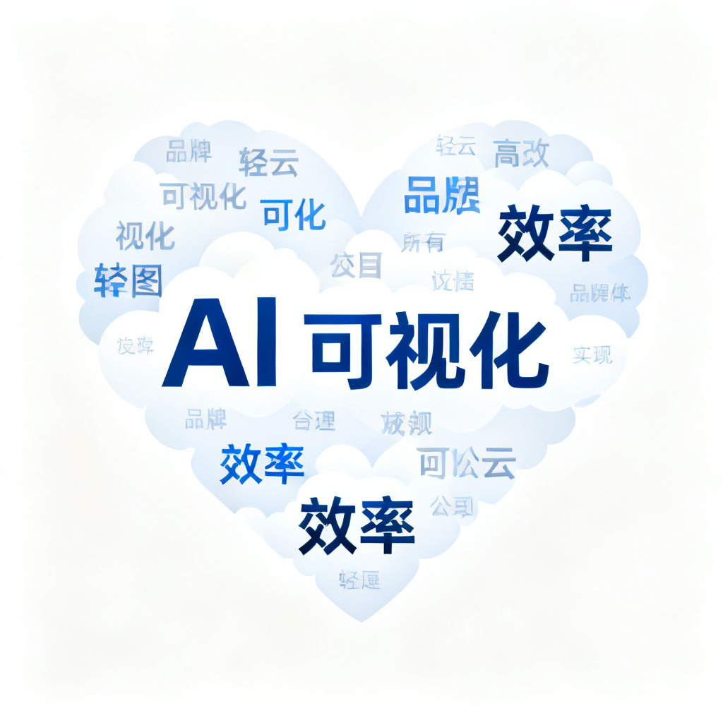 轻云图生成的2D文字云，以心形排列，核心词汇为“AI”“可视化”“效率”，背景为白色，适合品牌宣传