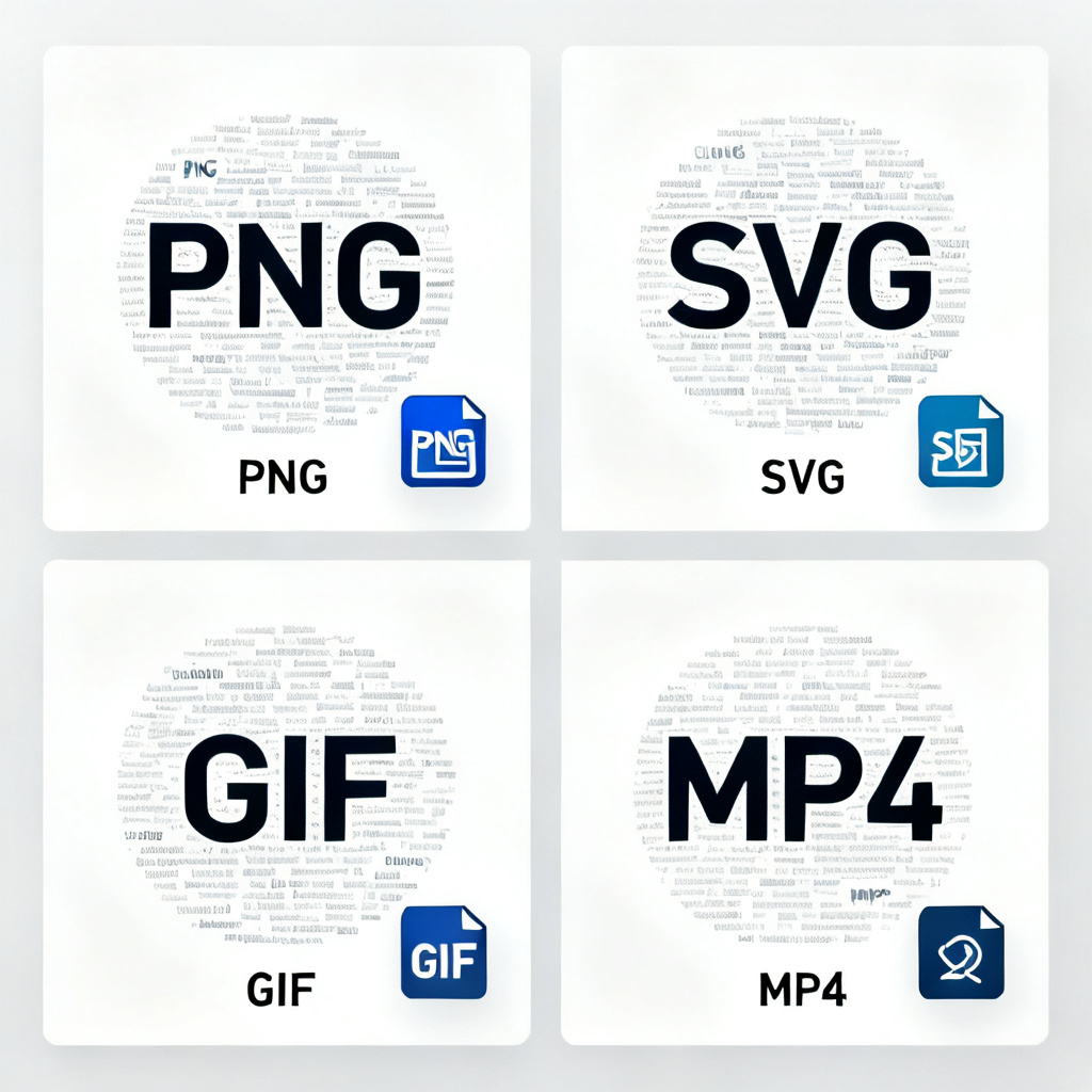 A split-screen showing a word cloud exported as PNG, SVG, GIF, and MP4, each labeled with format icons, on a clean digital workspace.