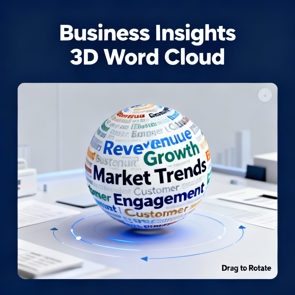 A presentation slide with an embedded GLB 3D word cloud model, interactive rotation, business context