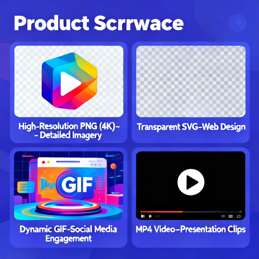A visual showcasing multiple output formats from Qingyuntu: a high-resolution PNG (4K), a transparent SVG for web design, a dynamic GIF for social media, and an MP4 video for presentations. Each format is labeled with its use case.