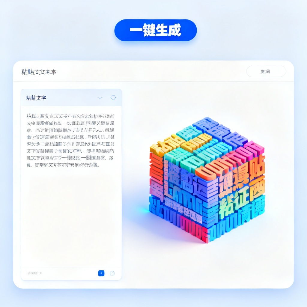 轻云图AI自动生成过程，左侧显示粘贴的文本，右侧瞬间生成彩色3D文字云，界面简洁，突出“一键”操作