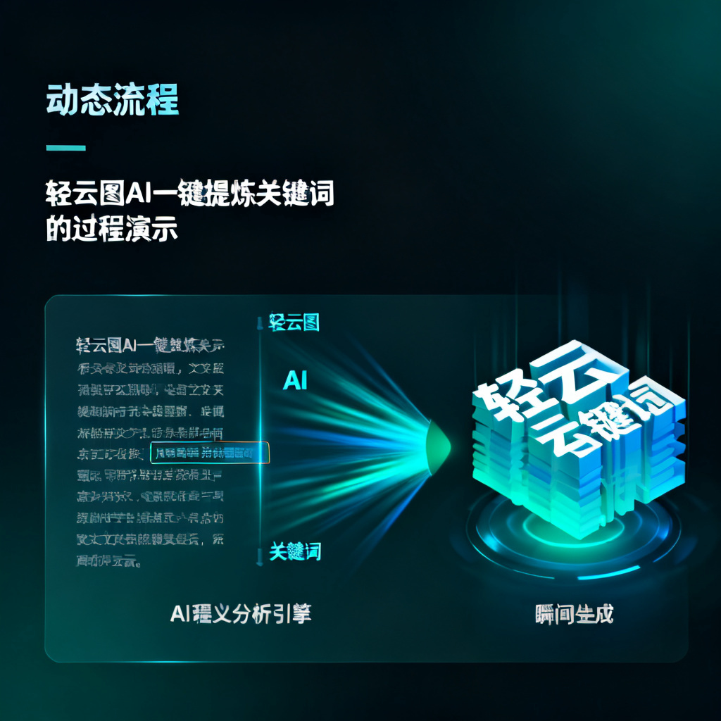 轻云图AI一键提炼关键词的过程演示:左侧是原始文本段落,中间显示AI语义分析引擎正在扫描文字并标记关键词,右侧瞬间生成一张精美的3D文字云,整个过程以动态流程图形式展示