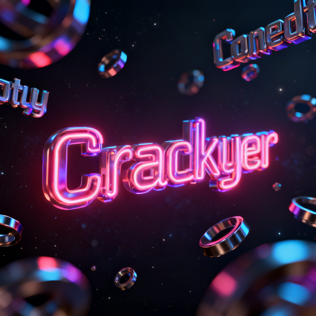 A futuristic 3D word cloud with glowing neon text, floating in a dark space, AI-generated style