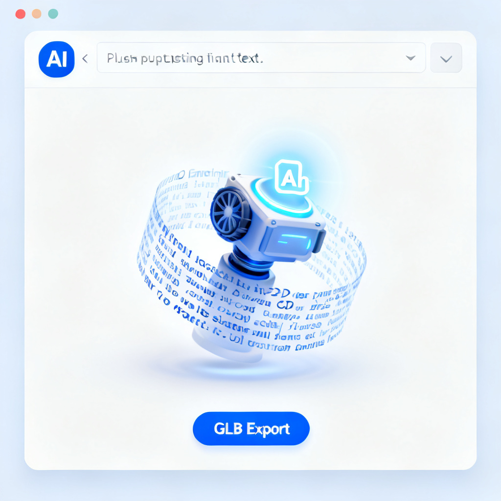 A user pasting text into a clean interface, with an AI engine icon glowing and a 2D word cloud automatically transforming into a rotating 3D model with GLB export button