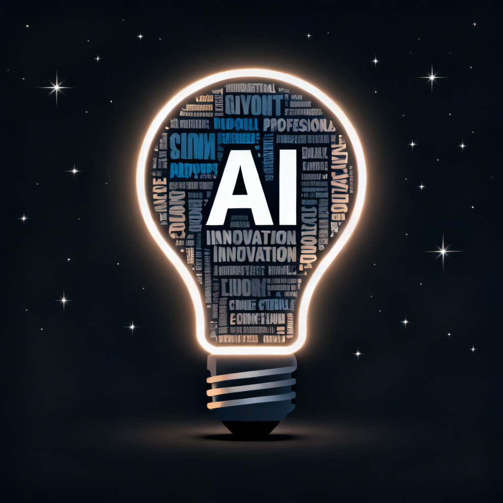 A professional word cloud shaped like a light bulb, with keywords related to AI and innovation, glowing edges, dark background with subtle stars, high contrast