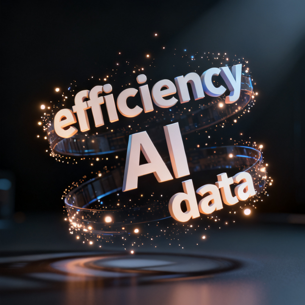 A 3D dynamic text cloud with glowing particles, showing words like "efficiency", "AI", "data" floating in a dark background, animated with rotating effects