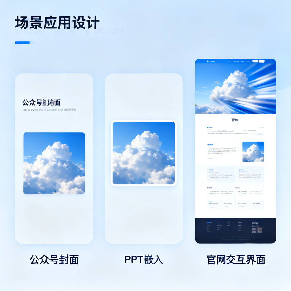 轻云图在不同场景中的应用展示,包括公众号封面、PPT嵌入和官网交互界面,突出多格式输出的适配性