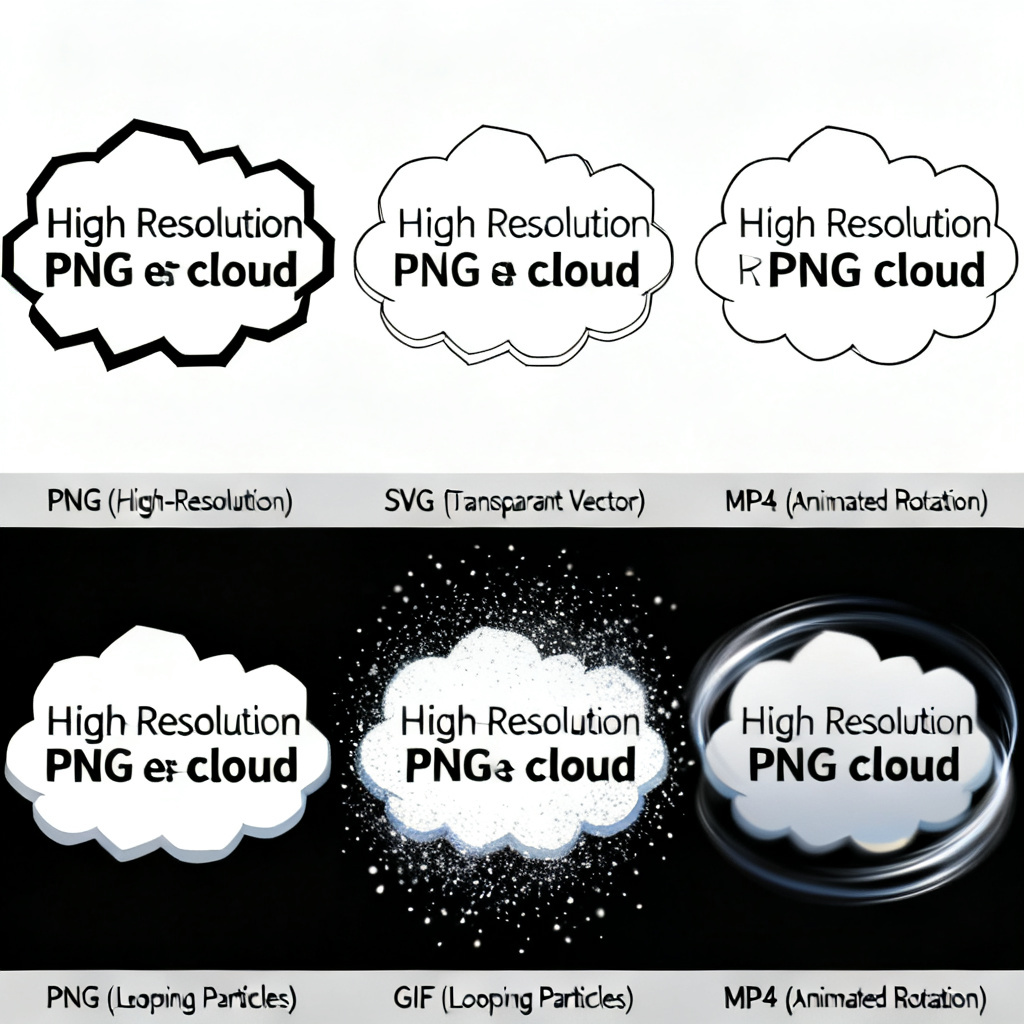 A split-screen comparison showing the same text cloud exported in four formats: a high-resolution PNG with sharp edges, a transparent SVG vector with no background, a looping GIF with moving particles, and a MP4 video with animated rotation.