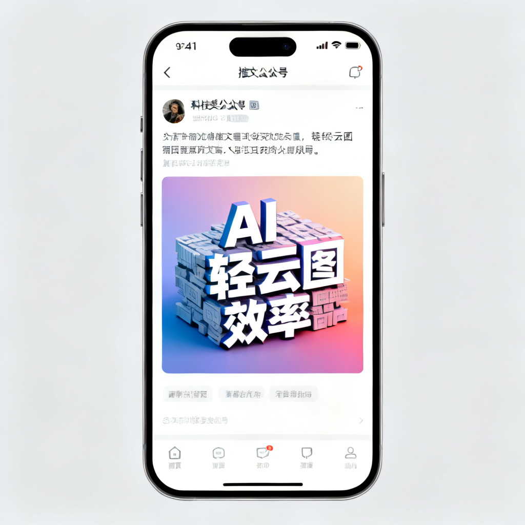 一张手机屏幕截图，显示某科技类公众号的推文列表，其中一条推文的封面图是一张3D立体文字云，核心词语“AI”、“轻云图”、“效率”突出显示，背景为渐变色，整体设计现代简约