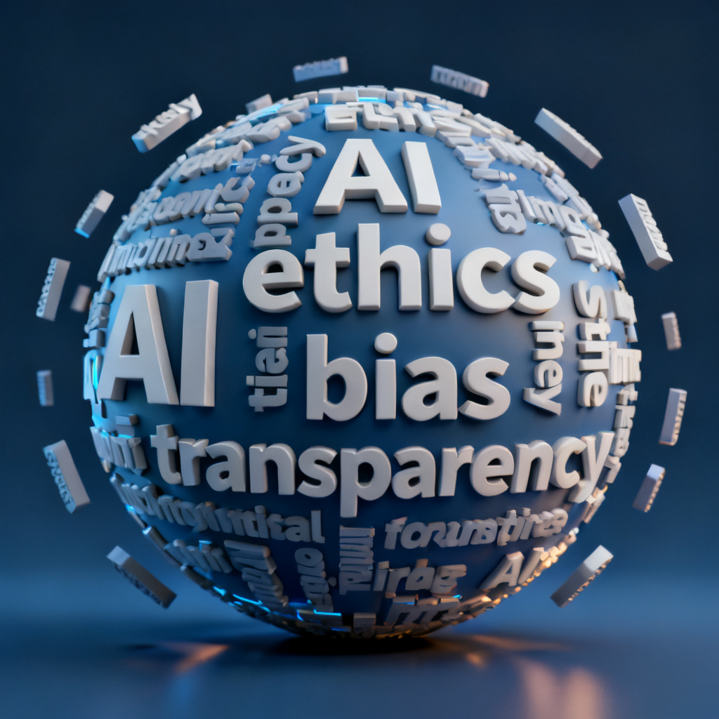 A 3D word cloud in the shape of a globe, with keywords like "AI", "ethics", "bias", "transparency" floating around the sphere, illuminated by soft lighting, with a dark blue background, rendered in high detail, cinematic quality