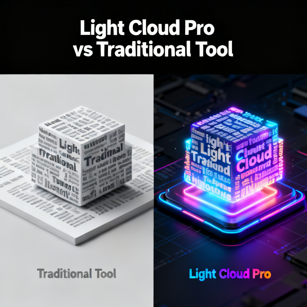 A side-by-side comparison: left side shows a flat, grayscale traditional word cloud; right side shows a vibrant, 3D animated word cloud with glowing keywords, labeled "Light Cloud Pro vs Traditional Tool"