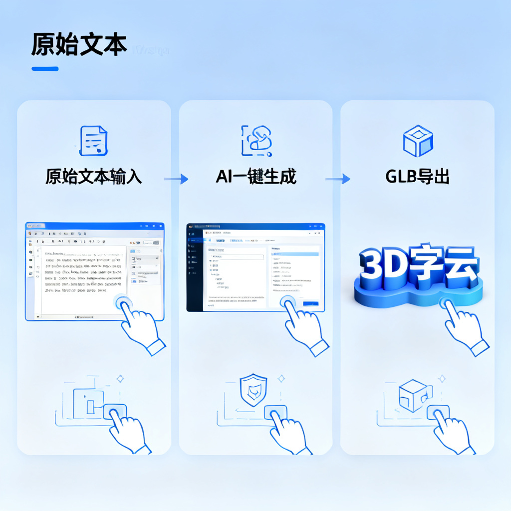一个信息图，展示从原始文本到3D文字云的转化过程，标注“AI一键生成”和“GLB导出”，风格清晰易懂