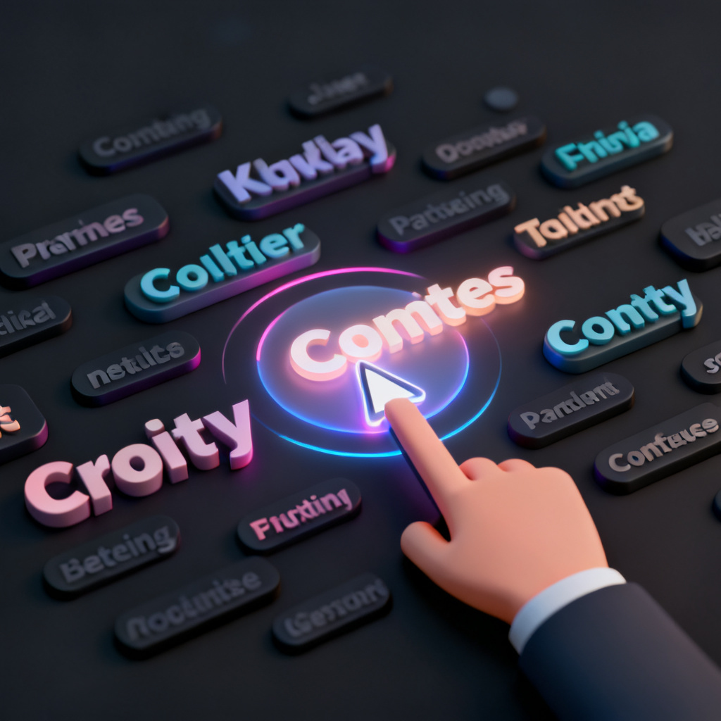 A website homepage with an interactive 3D word cloud in the center, keywords floating around a glowing core, user cursor hovering over one word, which enlarges and emits a soft glow, modern UI design with dark theme.