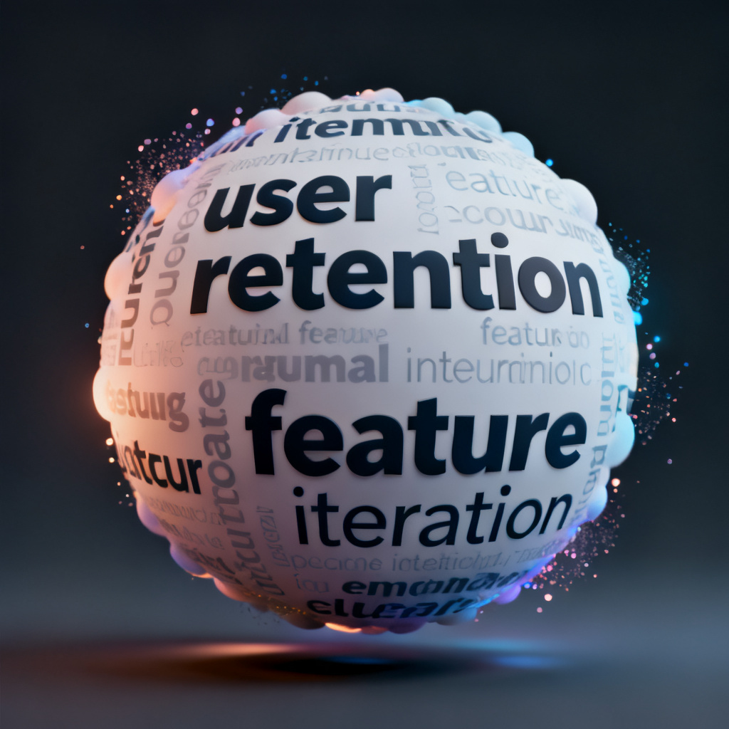 A 3D spherical word cloud generated by lightweight cloud mapping tool, displaying key terms like "user retention" and "feature iteration" in varying font sizes, rotating slowly against a dark gradient background, with subtle particle effects around the sphere.