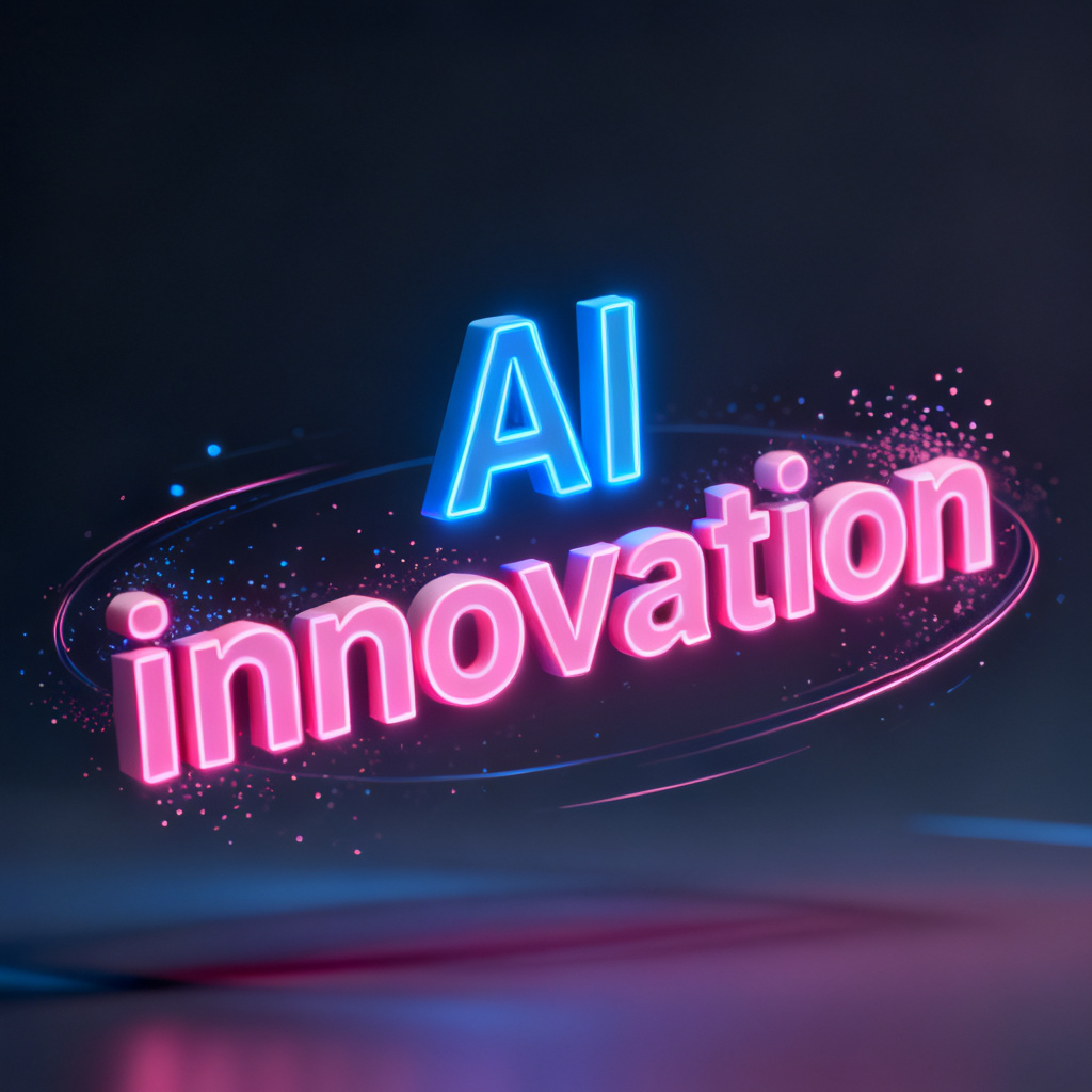 A sleek 3D word cloud floating in a futuristic interface, with keywords like “AI” and “innovation” glowing in neon colors, rotating smoothly with dynamic particle effects, symbolizing advanced visualization.