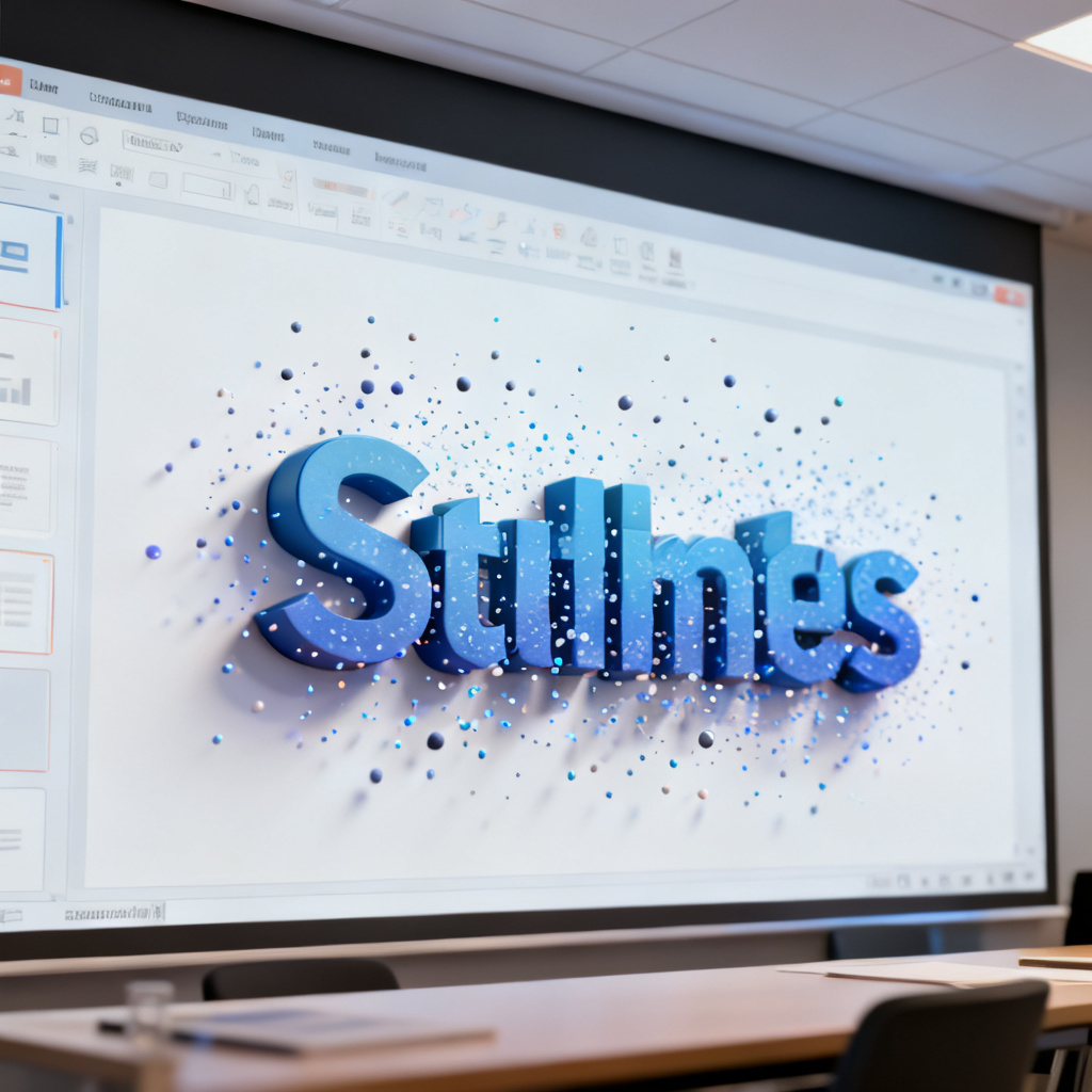 A professional presenter using a 3D word cloud embedded in a PowerPoint slide, with animated particles
