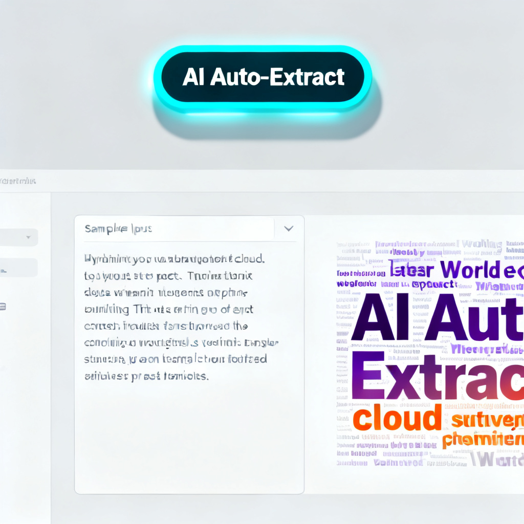 A screenshot-style illustration of an AI-powered word cloud tool interface, highlighting an 'AI Auto-Extract' button with glowing effects, and a sample text being automatically transformed into a structured word cloud.