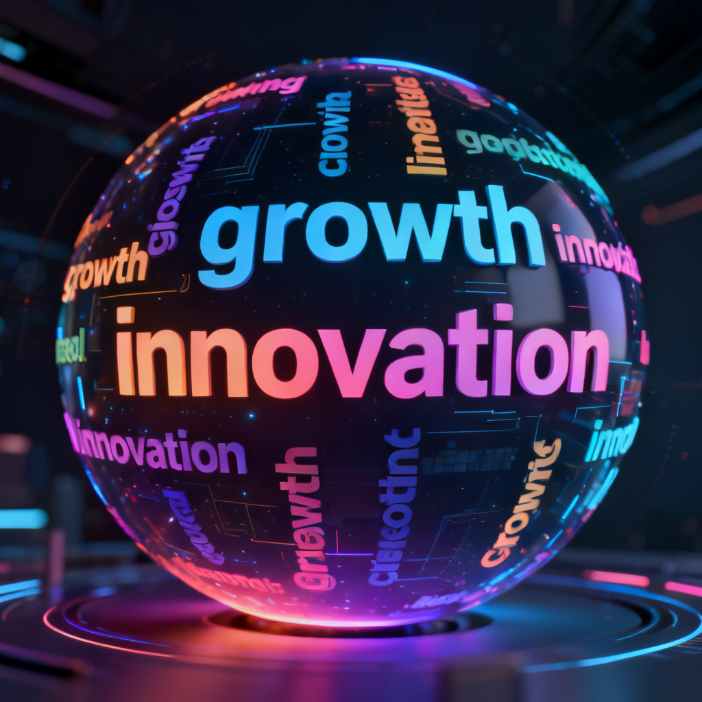 A 3D word cloud with animated rotation effect, keywords like "growth" and "innovation" floating in a spherical space, colorful gradient lighting, futuristic interface design, high resolution, cinematic lighting, 8K quality