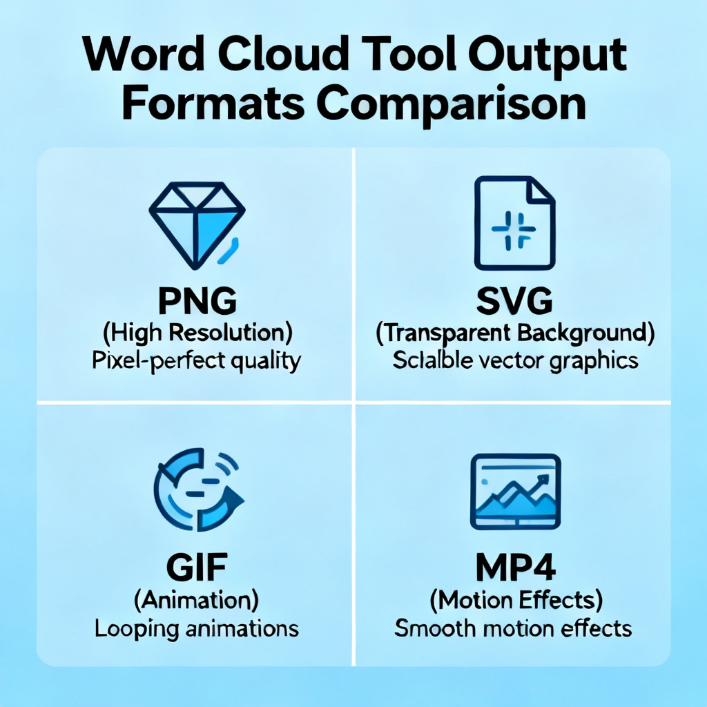 A comparison grid showing four output formats from a word cloud tool: PNG with high resolution, SVG with transparent background, GIF with animation, and MP4 video with motion effects