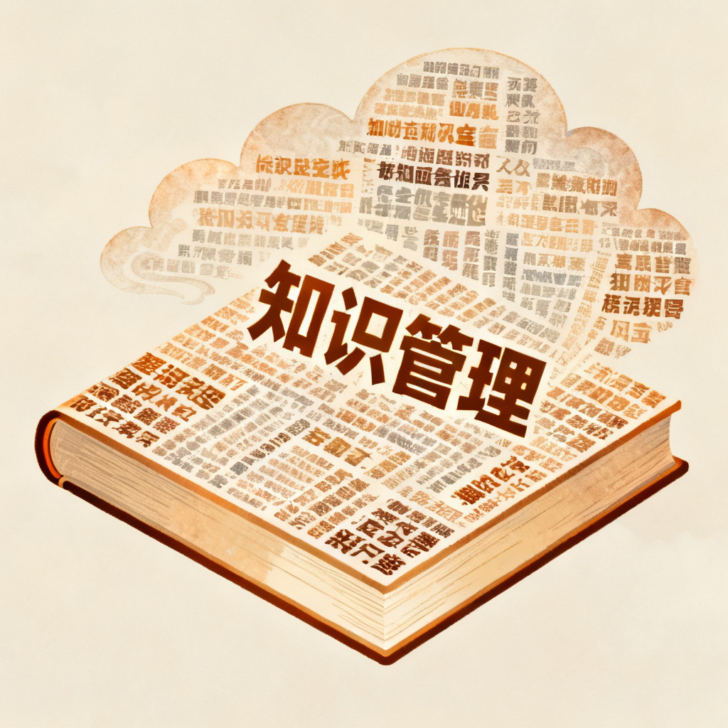 一张轻云图生成的文字云，形状为书籍，主题为“知识管理”，文字排列紧密，使用暖色调
