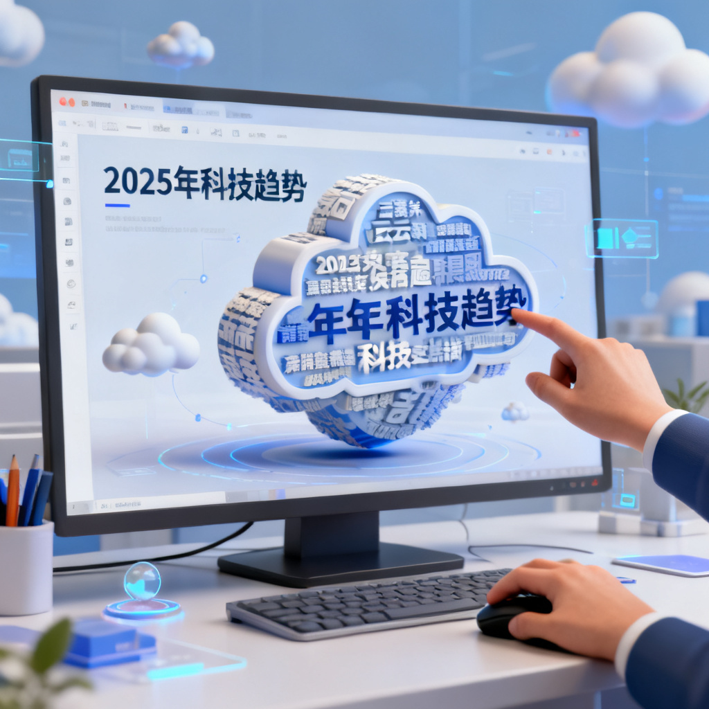 轻云图生成的3D文字云嵌入PPT的演示场景，用户通过鼠标拖拽旋转文字云，屏幕显示“2025年科技趋势”关键词