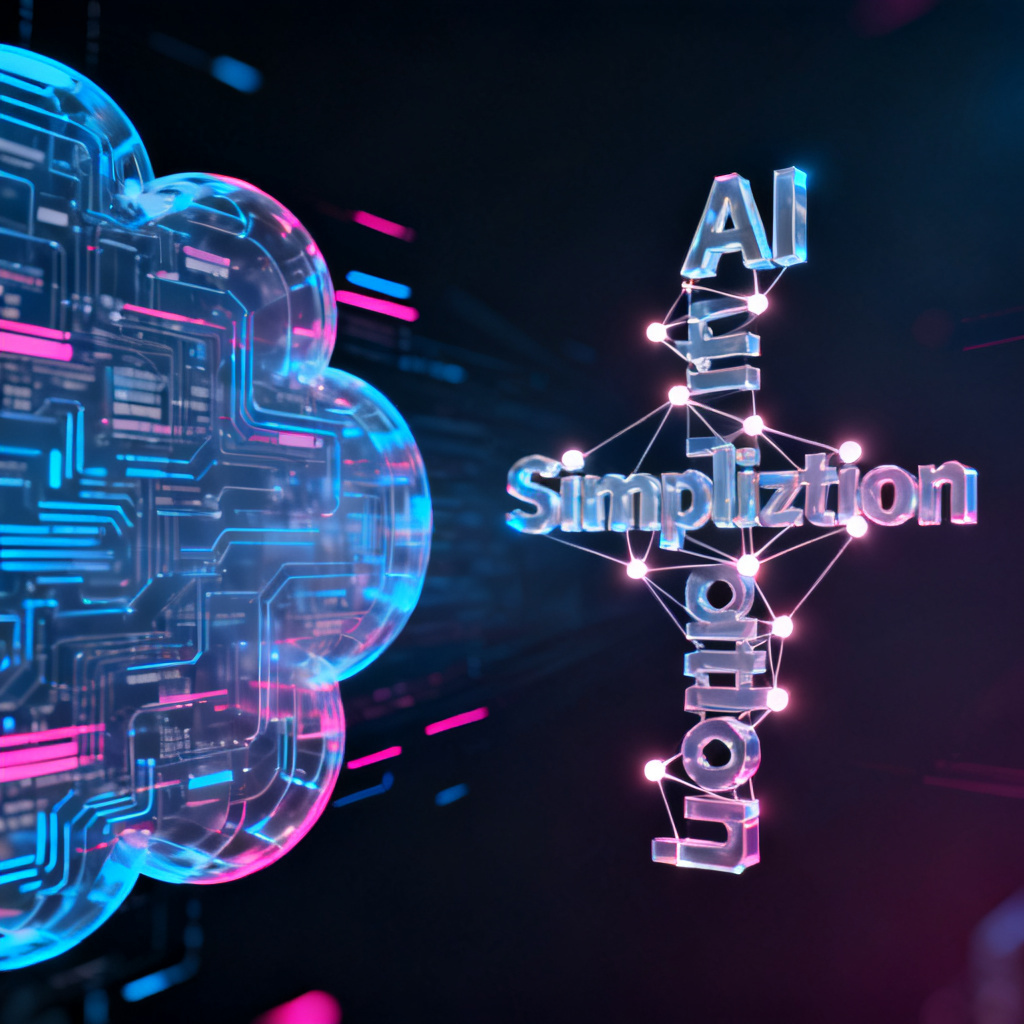 A conceptual illustration showing a complex data cloud transforming into a clear 3D word cloud with glowing nodes, symbolizing AI-driven simplification, dark background with neon accents