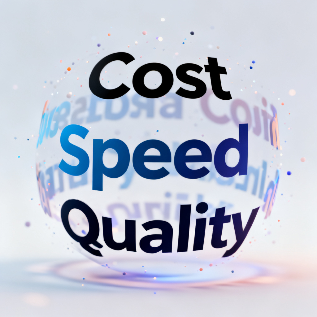 A dynamic GIF showing a word cloud with keywords "Cost", "Speed", and "Quality" rotating slowly, with subtle particle effects.