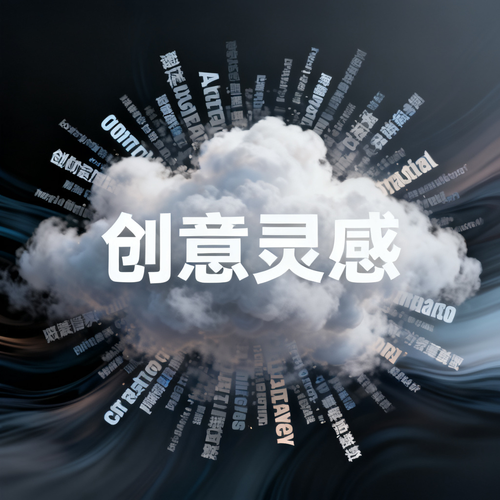 一张轻云图生成的动态文字云，文字从中心向外扩散，主题为“创意灵感”，背景为深色渐变